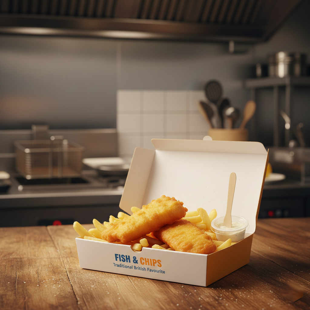 25.4x15.2cm Printed Fish & Chips Box Heavy Duty Takeaway Packaging 130grams | 25Pcs